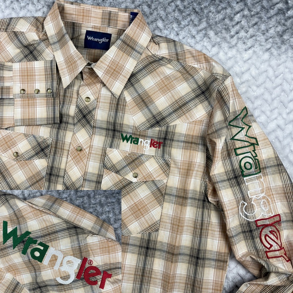 Wrangler Shirt Mens XXL Logo Embroidery All Over Green Plaid Brushpopper NEW